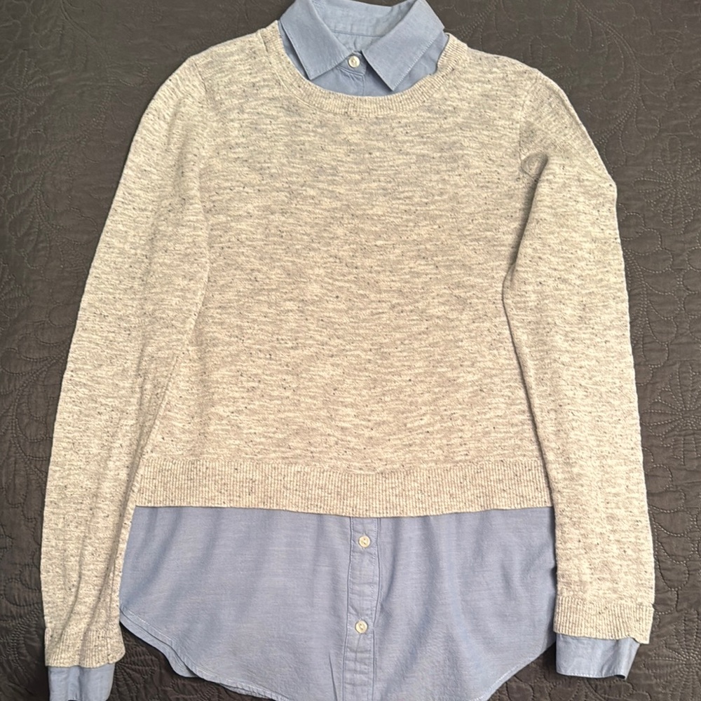 LOFT Blue and Gray Crew Neck Sweater with Faux Blouse